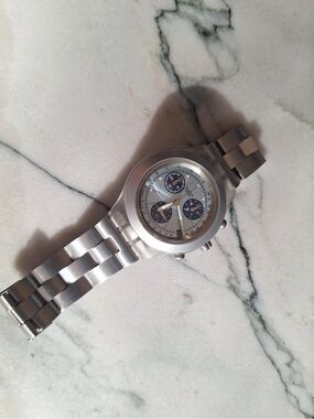 Swatch Silver Chronograph Watch with Blue Subdials